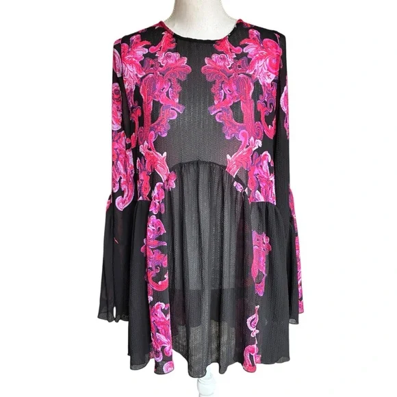 Free People Sheer Baroque Print Bell Sleeve Tunic Mini Dress Boho Open Back XS - Picture 3 of 11